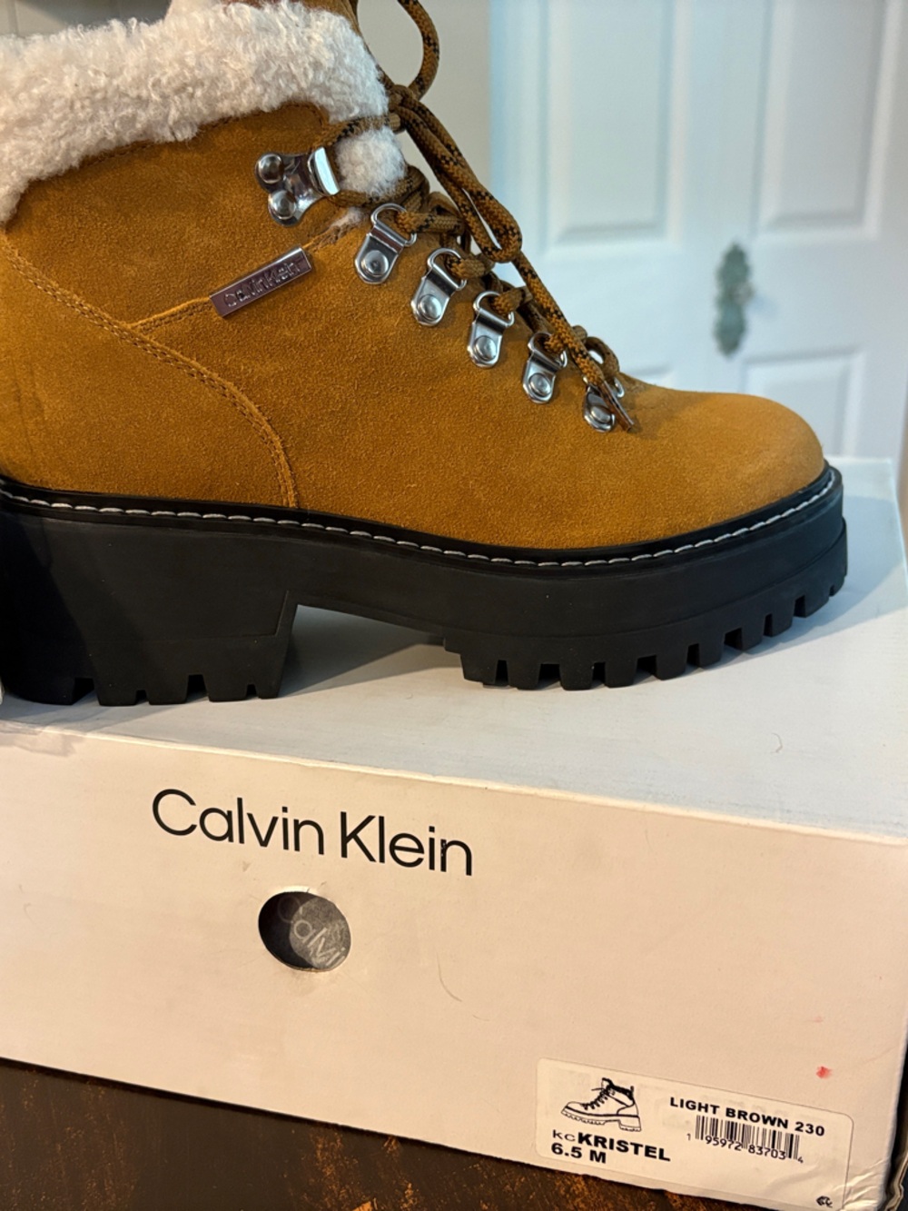 Calvin Klein Mustard Suede Shearling-Lined Lug Ankle Boots